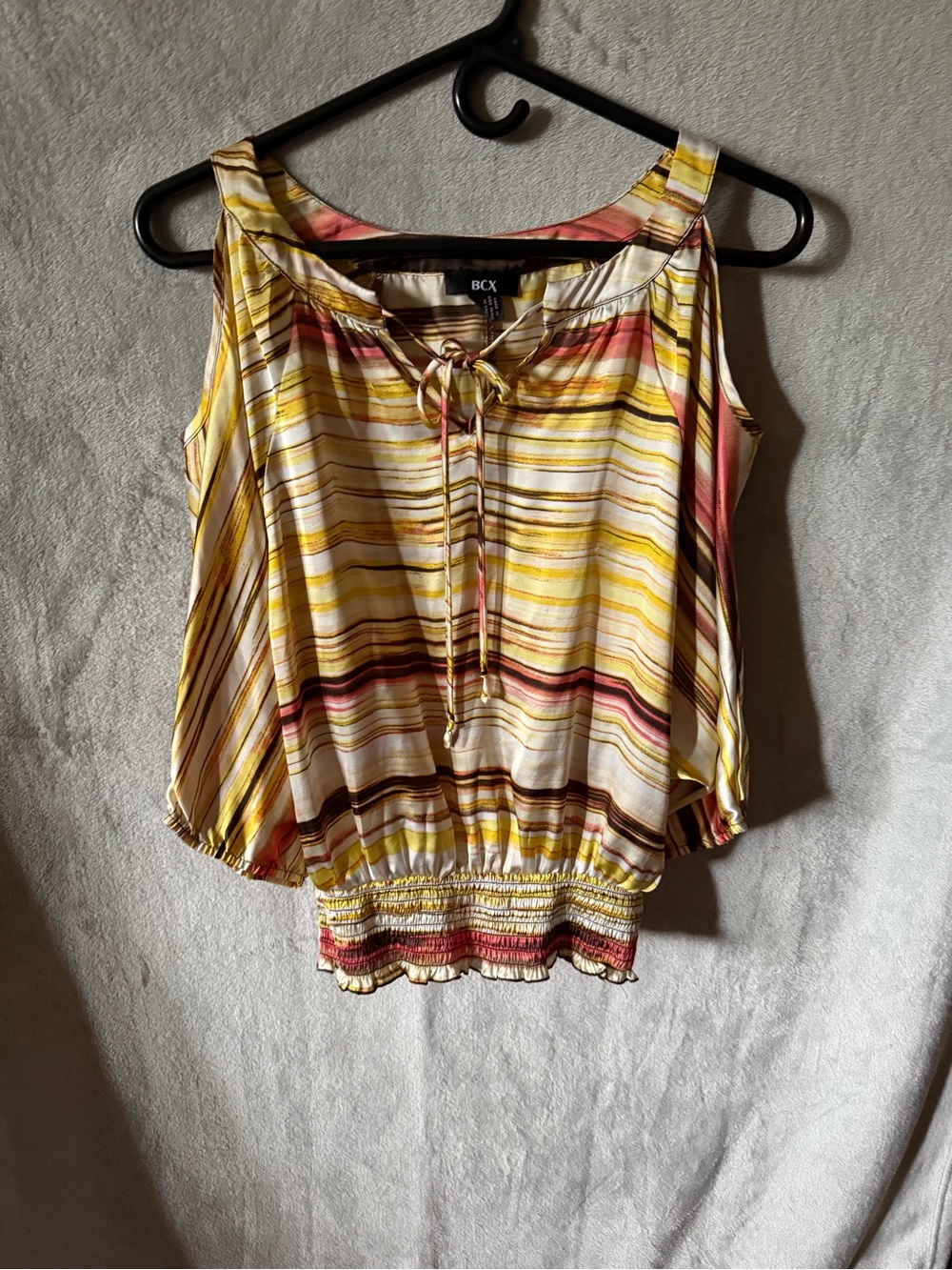 BCX Striped Tie-Front Smocked Hem Tank Top in Yellow and Pink